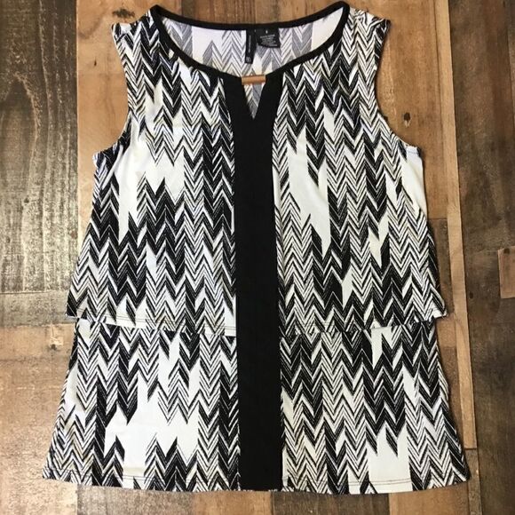 New Directions Layered Tank Style Blouse Sleeveless White Black Print Small - Picture 6 of 11
